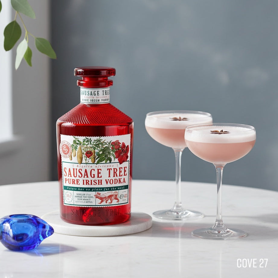 Load image into Gallery viewer, Bottle of Sausage Tree Pure Irish Vodka with two pink cocktails on a white surface.