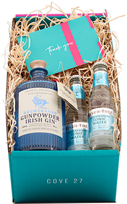 An image of a stunning Drumshanbo Gunpowder Gin Gift Box, including 2 Fever-Tree Mediterranean tonic waters 