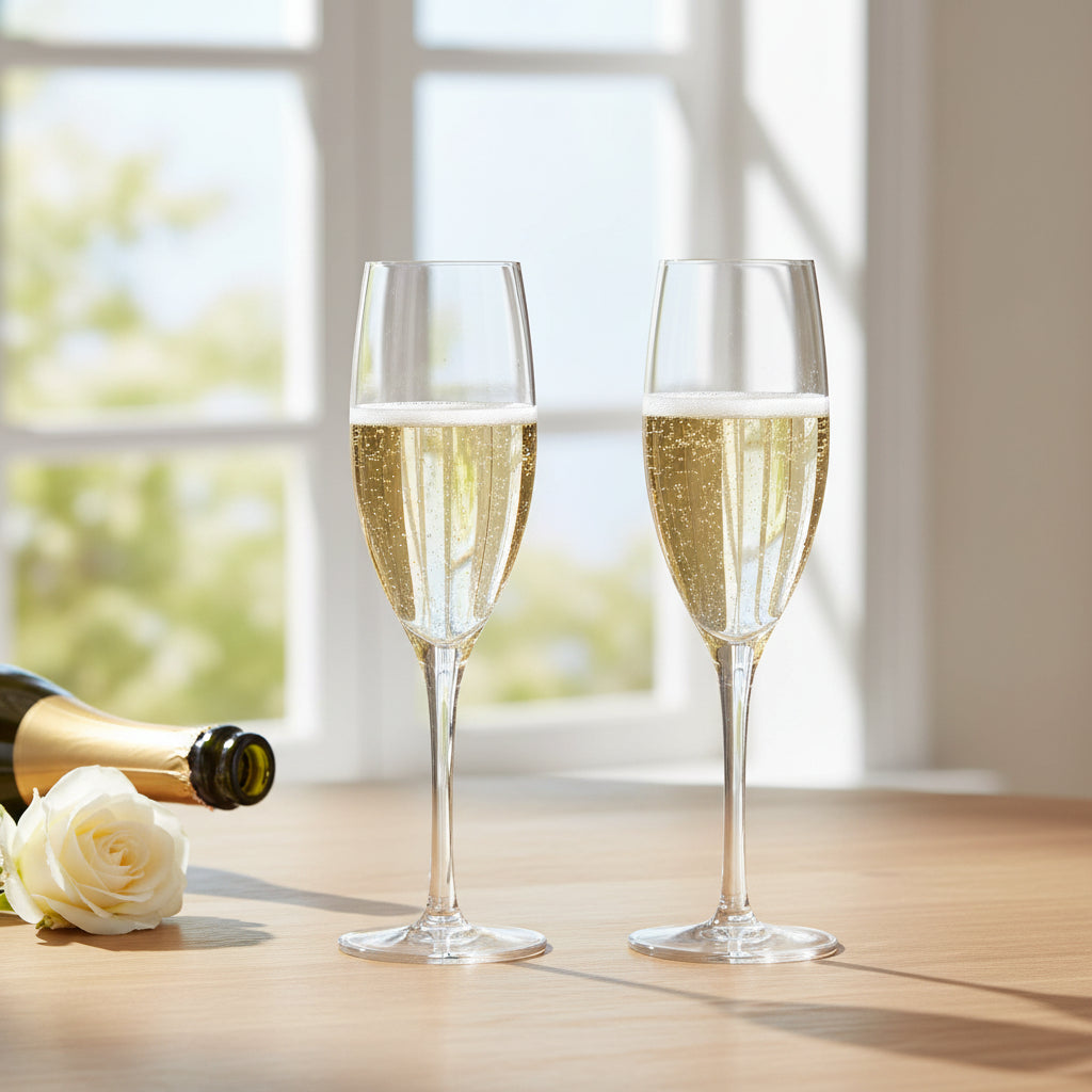 Load image into Gallery viewer, Two elegant clear Eisch Sensi-Plus champagne flutes filled with bubbly champagne, set on a wooden table in a bright room with a window background. A champagne bottle and a white rose rest nearby.