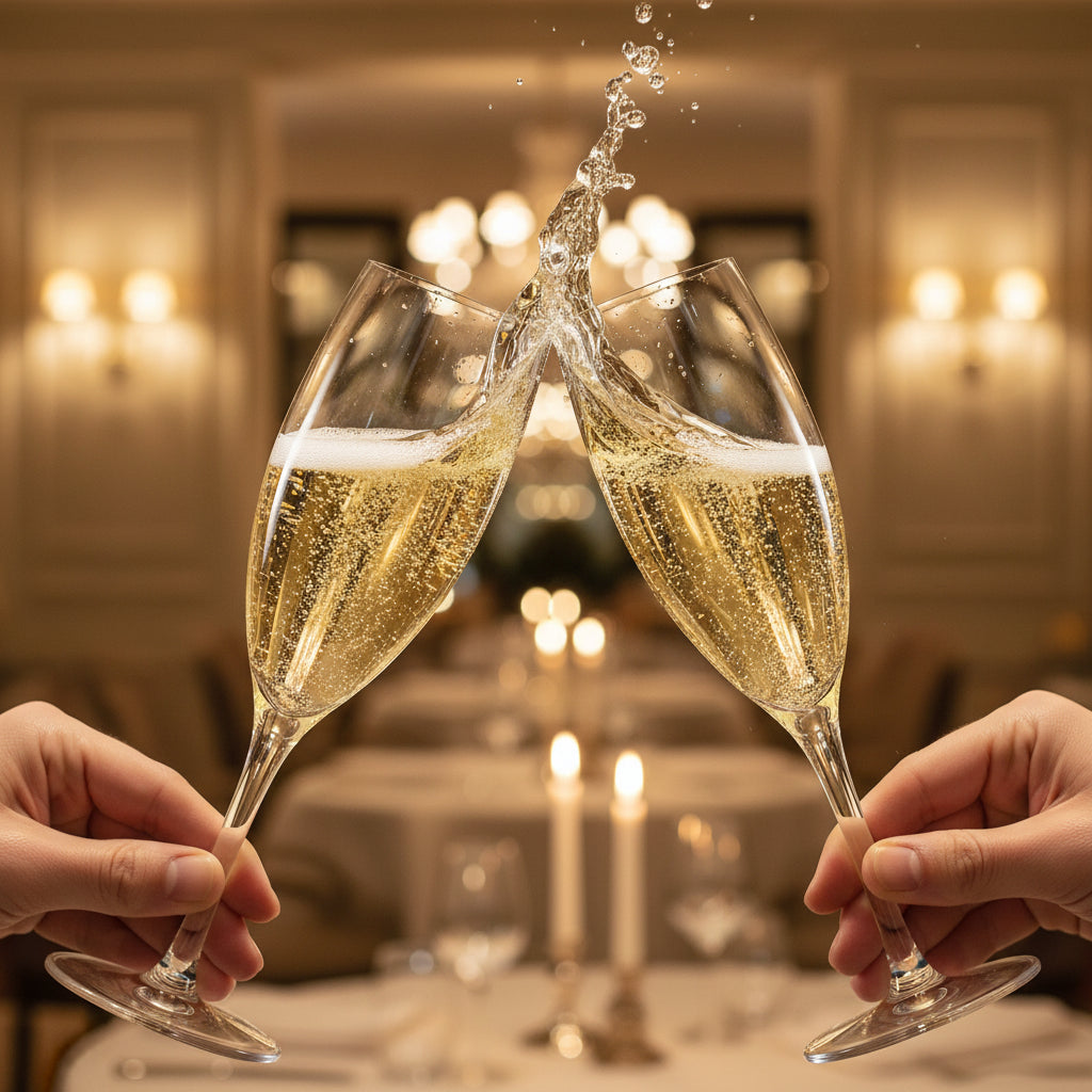 Load image into Gallery viewer, Two hands holding Eisch Sensi-Plus champagne flutes as they clink in a celebratory toast, with a dynamic splash of bubbly champagne in the centre and a softly blurred elegant dining room background.