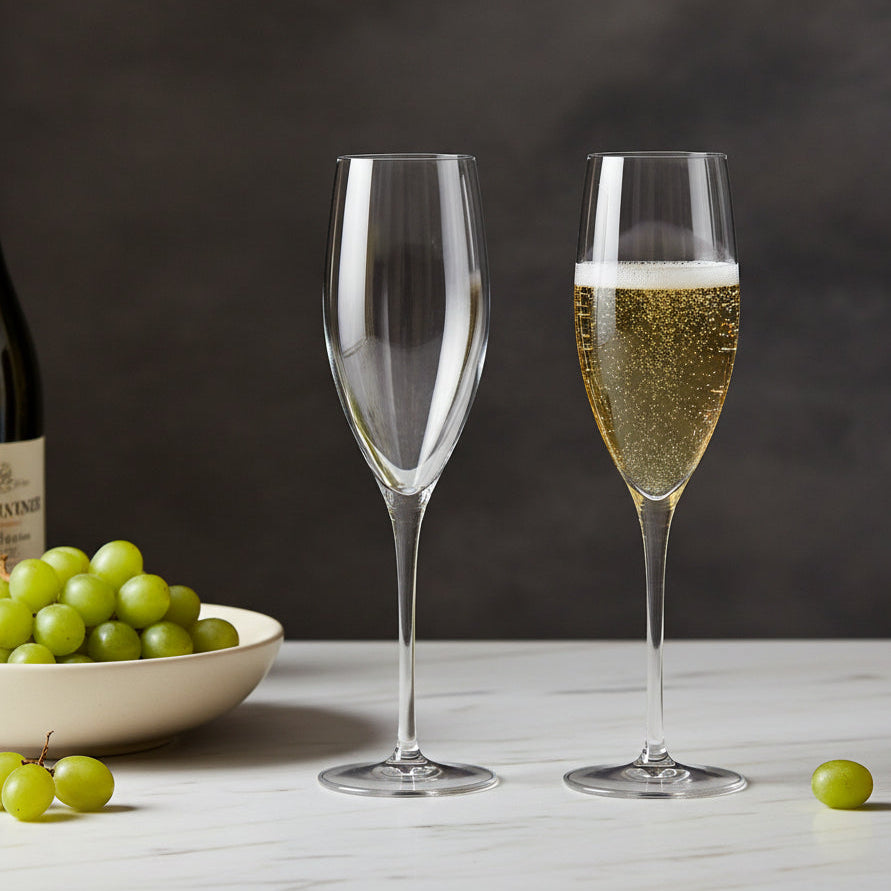 Load image into Gallery viewer, Two Eiasch Seinsi-Plus champagne flutes on a white marble surface against a dark grey background, with one flute filled with bubbly champagne, the other empty and a bowl of green grapes nearby.