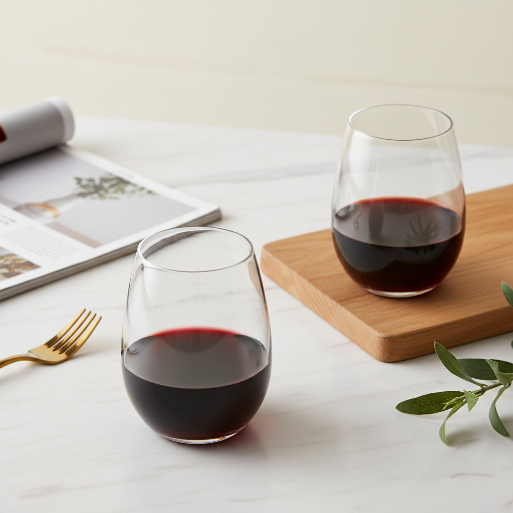 Load image into Gallery viewer, Two Eisch Superior stemless wine glasses filled with red wine on a white surface with a magazine and fork.