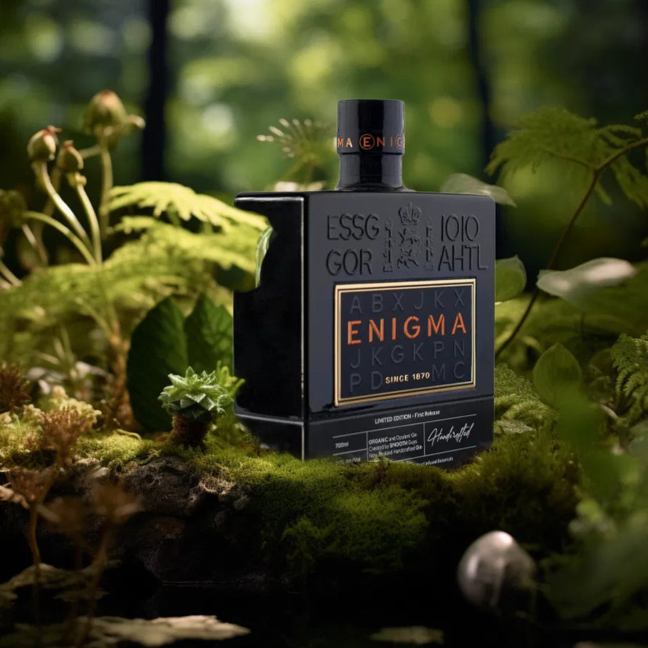 Enigma 1870 gin bottle in a natural setting with greenery