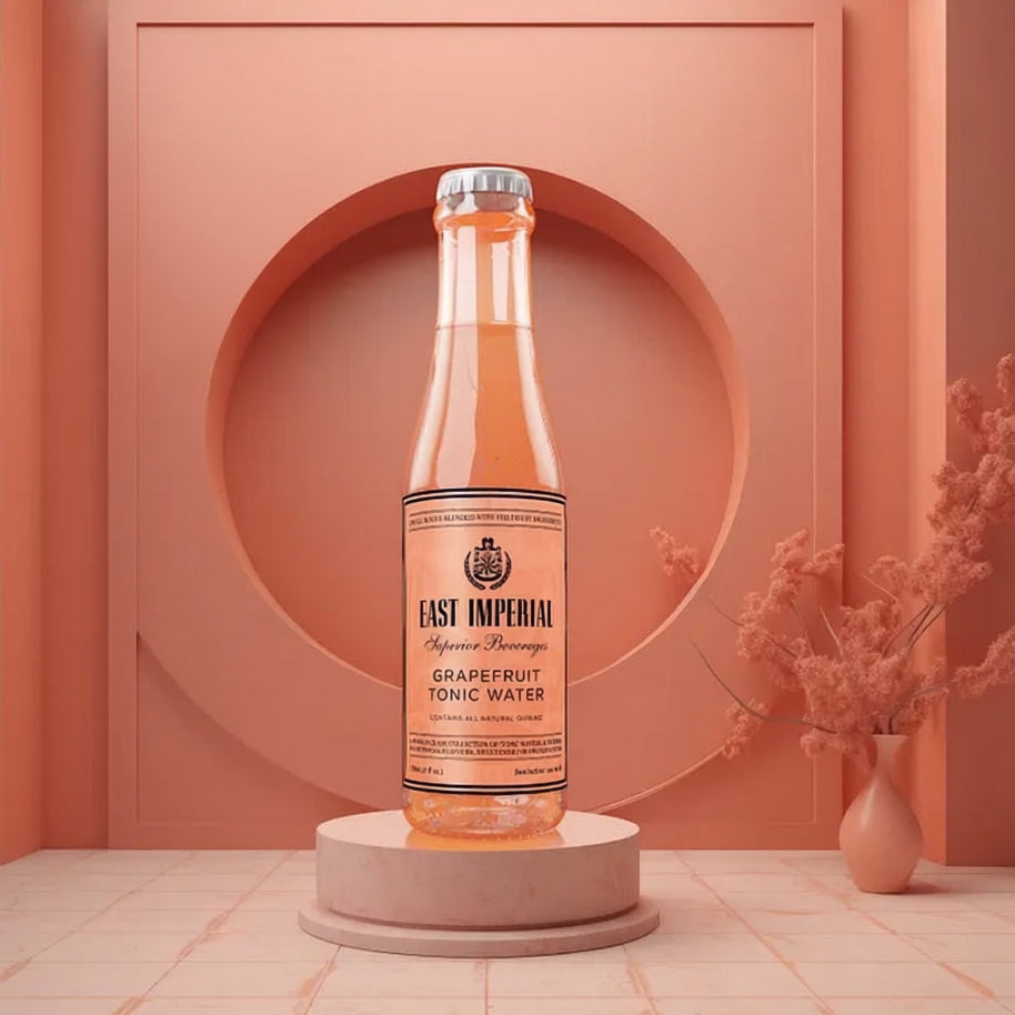 Load image into Gallery viewer, Bottle of East Imperial Grapefruit Tonic Water on a pink pedestal with a pink background