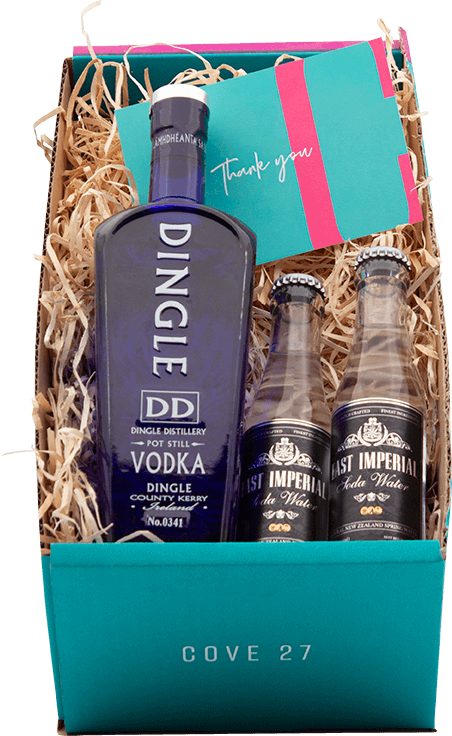 An image of a Dingle Vodka gift box that includes a bottle of Dingle Vodka and two 150ml bottles of East Imperial Soda Waters in a COVE 27 branded gift box