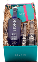 Load image into Gallery viewer, An image of a Dingle Vodka gift box that includes a bottle of Dingle Vodka and two 150ml bottles of East Imperial Soda Waters in a COVE 27 branded gift box