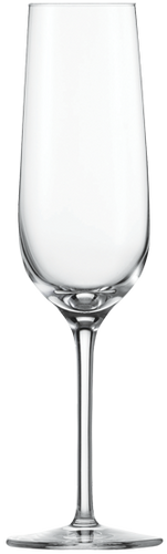 Two clear crystal champagne flutes side by side.