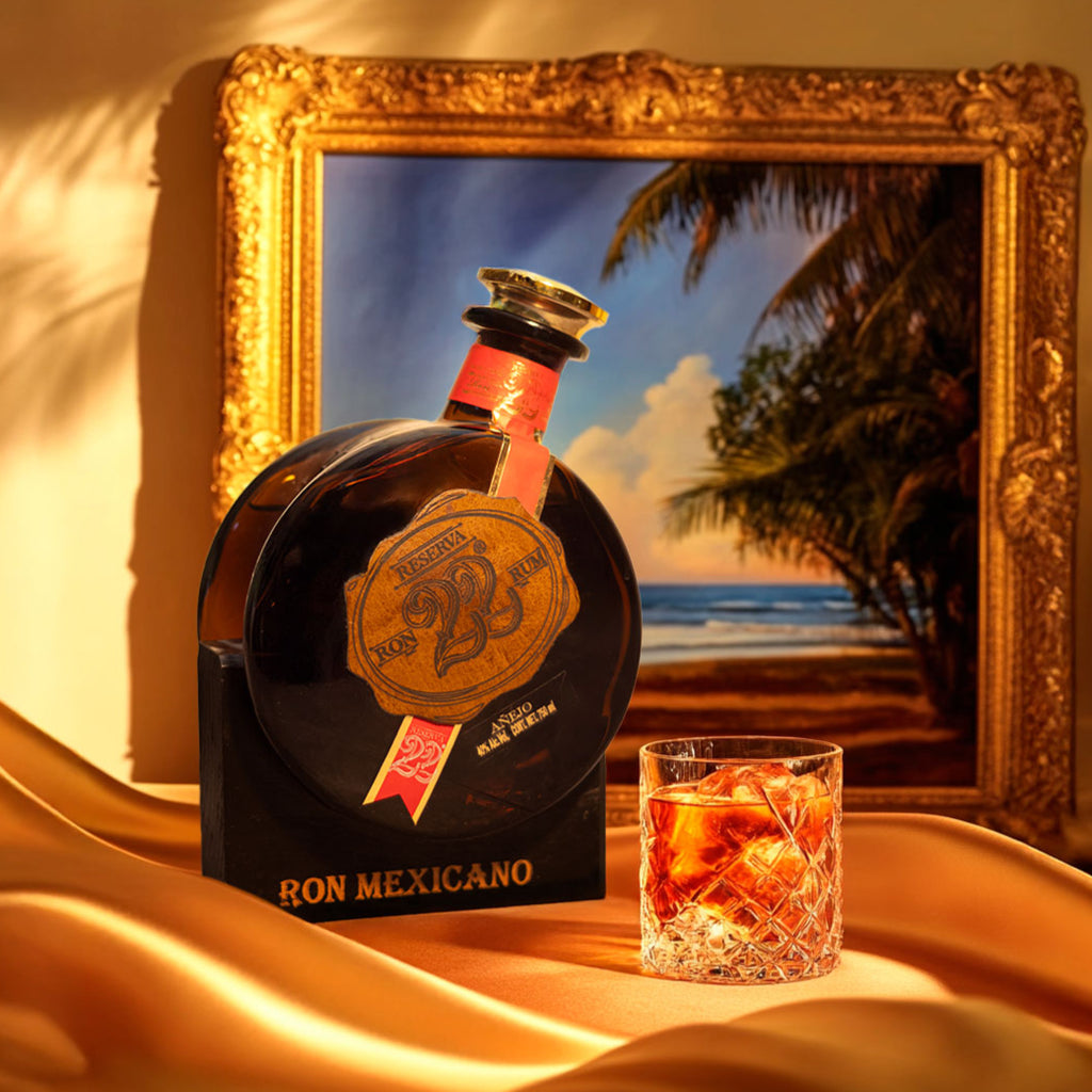 Ron Mexicano bottle with a glass of cocktail in front of a framed beach scene