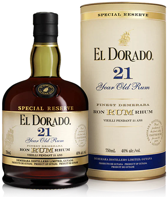 Load image into Gallery viewer, An image of a bottle of El Dorado 21YO Special Reserve Rum from Guyana next to its handsome tube gift box