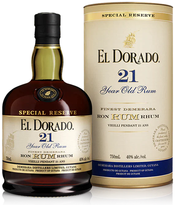 An image of a bottle of El Dorado 21YO Special Reserve Rum from Guyana next to its handsome tube gift box