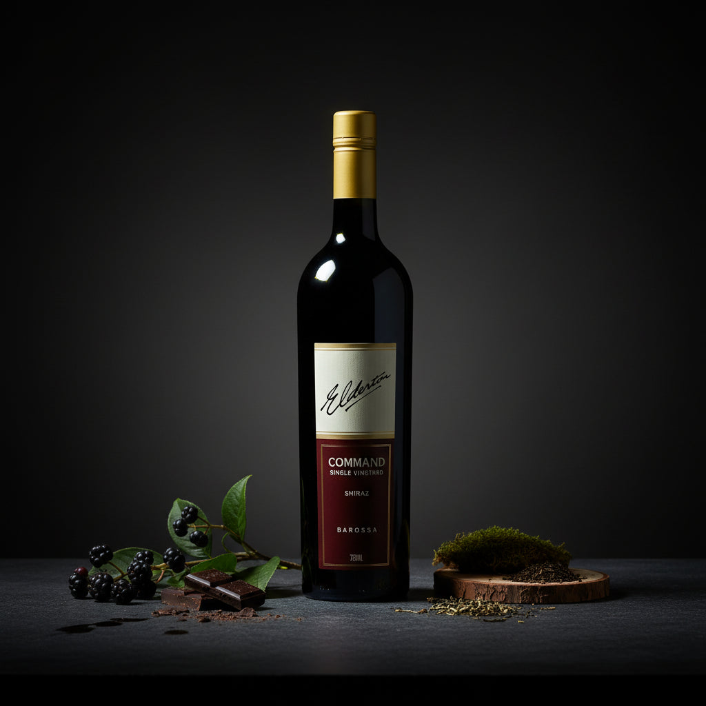 Elderton-Command-Shiraz-lifestyle wine bottle with a dark background