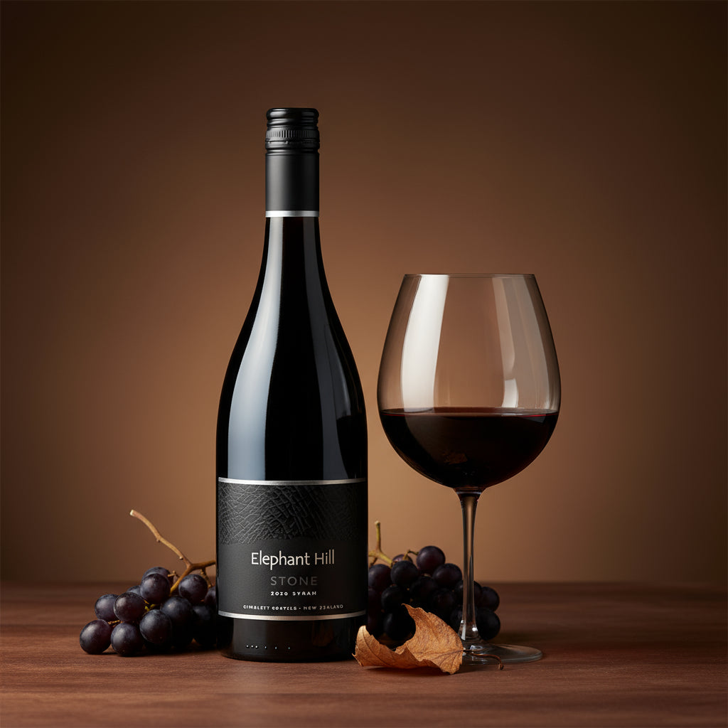 Elephant Hill STONE Syrah wine bottle and glass with grapes on a wooden surface and brown background