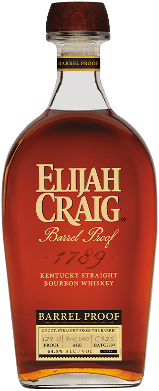 Bottle of Elijah Craig Barrel Proof bourbon whiskey with a clear label