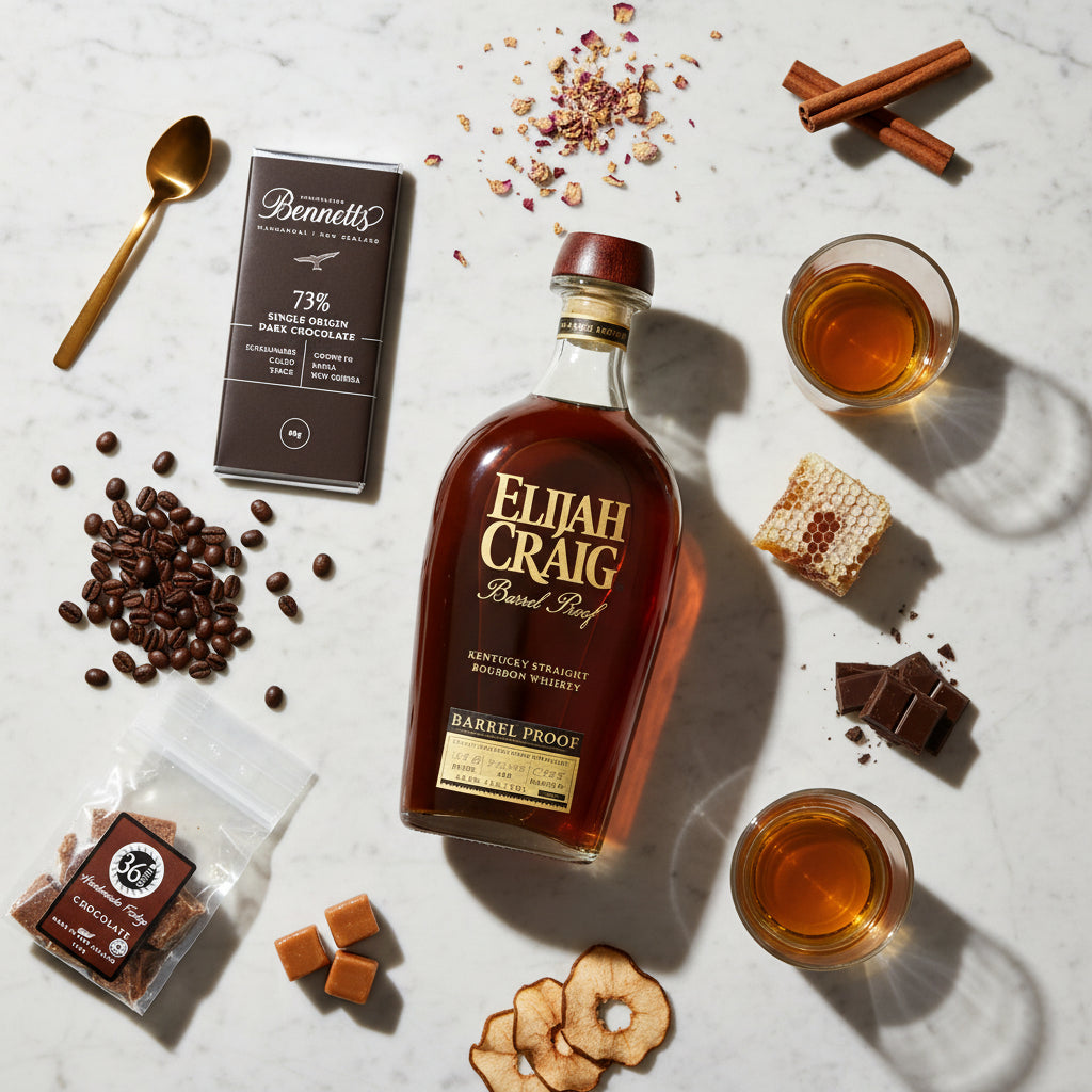 Load image into Gallery viewer, A bottle of Elijah Craig Barrel Proof Kentucky Straight Bourbon Whiskey is arranged on a white marble surface with coffee beans, cinnamon sticks, a gold spoon, a Bennett's chocolate bar, dried apple slices, 36 Degrees chocolate fudge packet and chocolate fudge pieces, and two glasses of the whiskey.