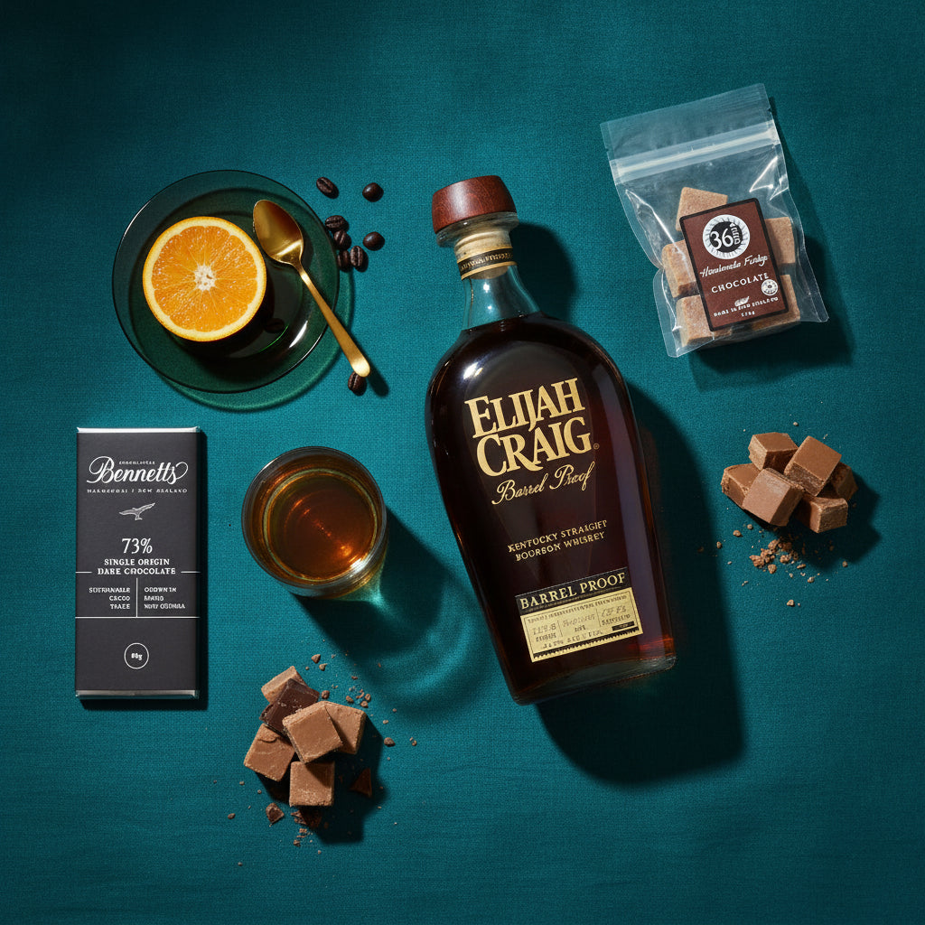 Load image into Gallery viewer, A styled flat-lay featuring a bottle of Elijah Craig Barrel Proof bourbon whiskey, a chocolate bar from Bennetts, a bag of 36 Degrees chocolate fudge, a glass of bourbon, coffee beans, and an orange slice on a dark teal background.