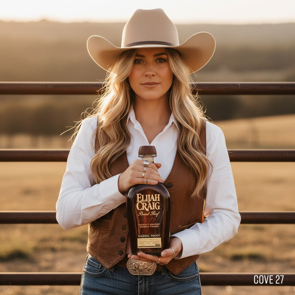 Load image into Gallery viewer, Woman in cowboy hat holding a bottle of Elijah Craig bourbon whiskey with a sunset background