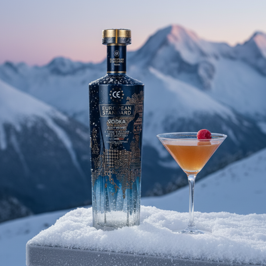 Load image into Gallery viewer, Bottle of European Standard Vodka and cocktail with a mountainous background