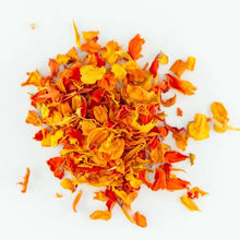 Load image into Gallery viewer, Orange and yellow dried edible flower petals on a white background