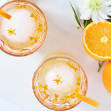 Load image into Gallery viewer, Two cocktail glasses with yellow edible flower petal florets as garnish with flowers and oranges on a white background