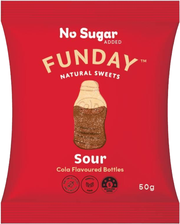 Load image into Gallery viewer, A 50g bag of Funday Natural Sweets 'Sour' cola flavoured bottles, featuring a bright red packaging design with a central graphic of a brown and beige bottle-shaped sweet.