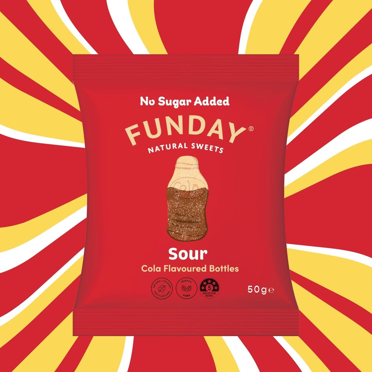 Load image into Gallery viewer, A red Funday Natural Sweets Sour Cola Flavoured Bottles packet, displayed against a vibrant red and yellow retro wavy background with a 'JULY' promotional badge at the bottom.