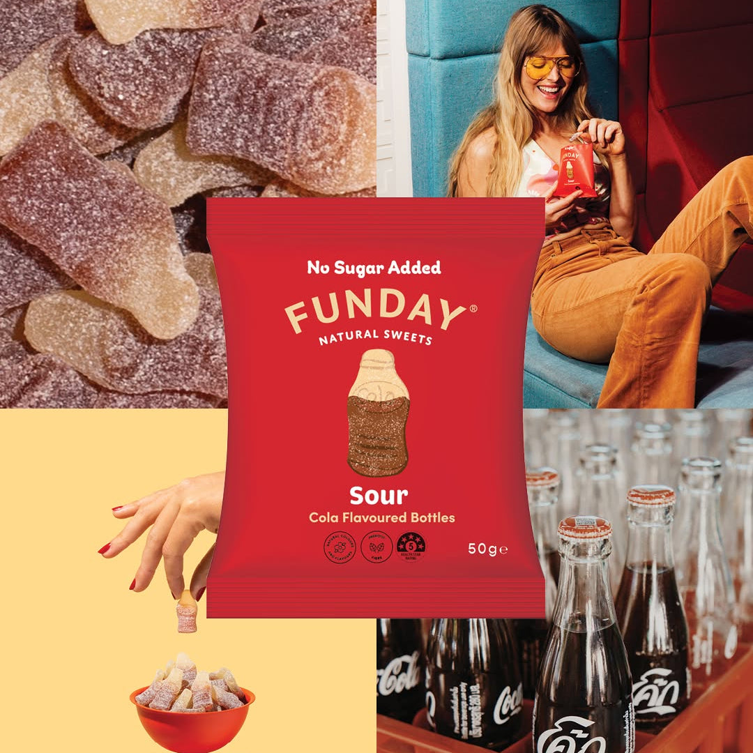 Load image into Gallery viewer, A collage-style promotional image for Funday Sour cola-flavoured gummy bottles. The central subject is a red Funday packet labeled 'No Sugar Added' and 'Sour Cola Flavoured Bottles 50g'.