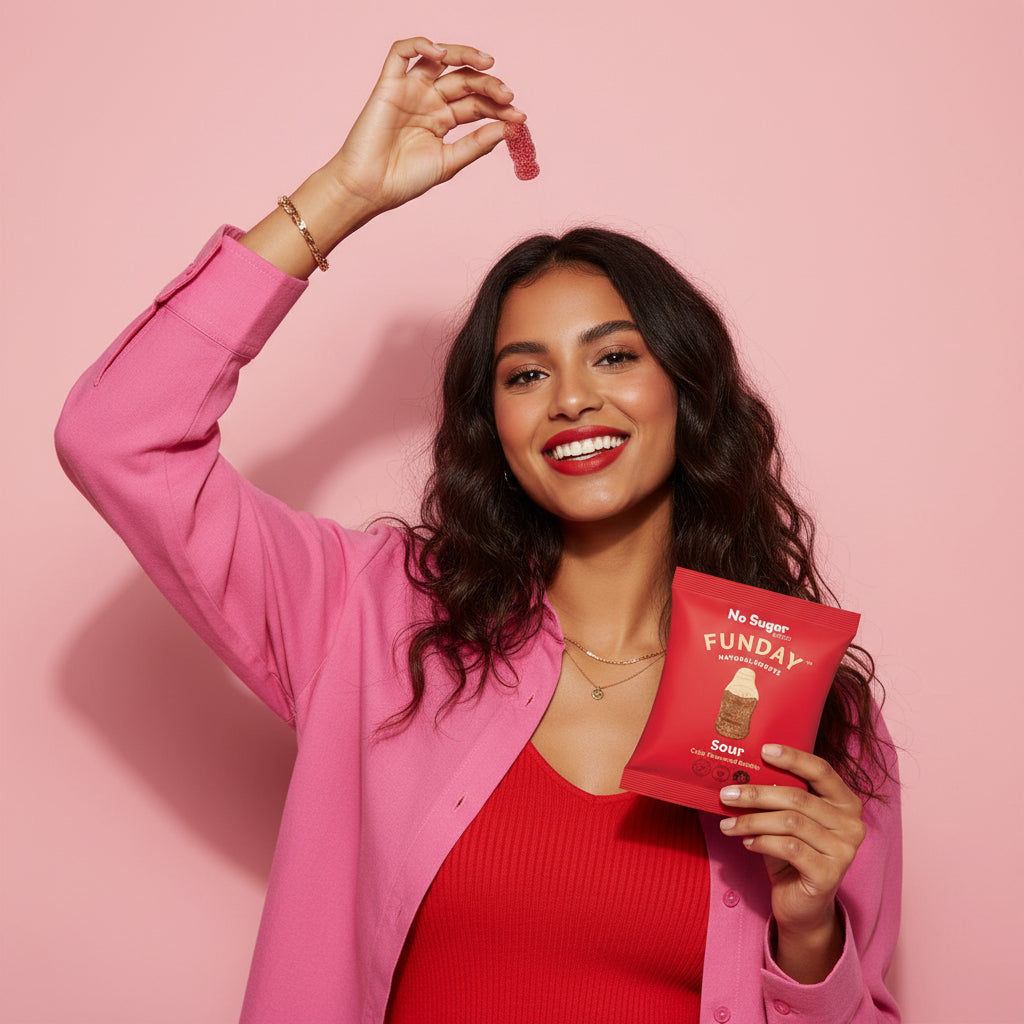 Load image into Gallery viewer, A smiling woman with long dark wavy hair stands against a solid pink background, holding a red bag of 'No Sugar FUNDAY' cola flavoured bottle gummies in one hand and lifting a piece of the chocolate with the other.