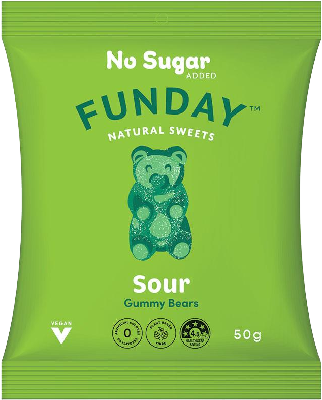 A 50g package of Funday Sour Vegan Gummy Bears, featuring a bright lime green bag with a central dark green gummy bear illustration and white and teal text.