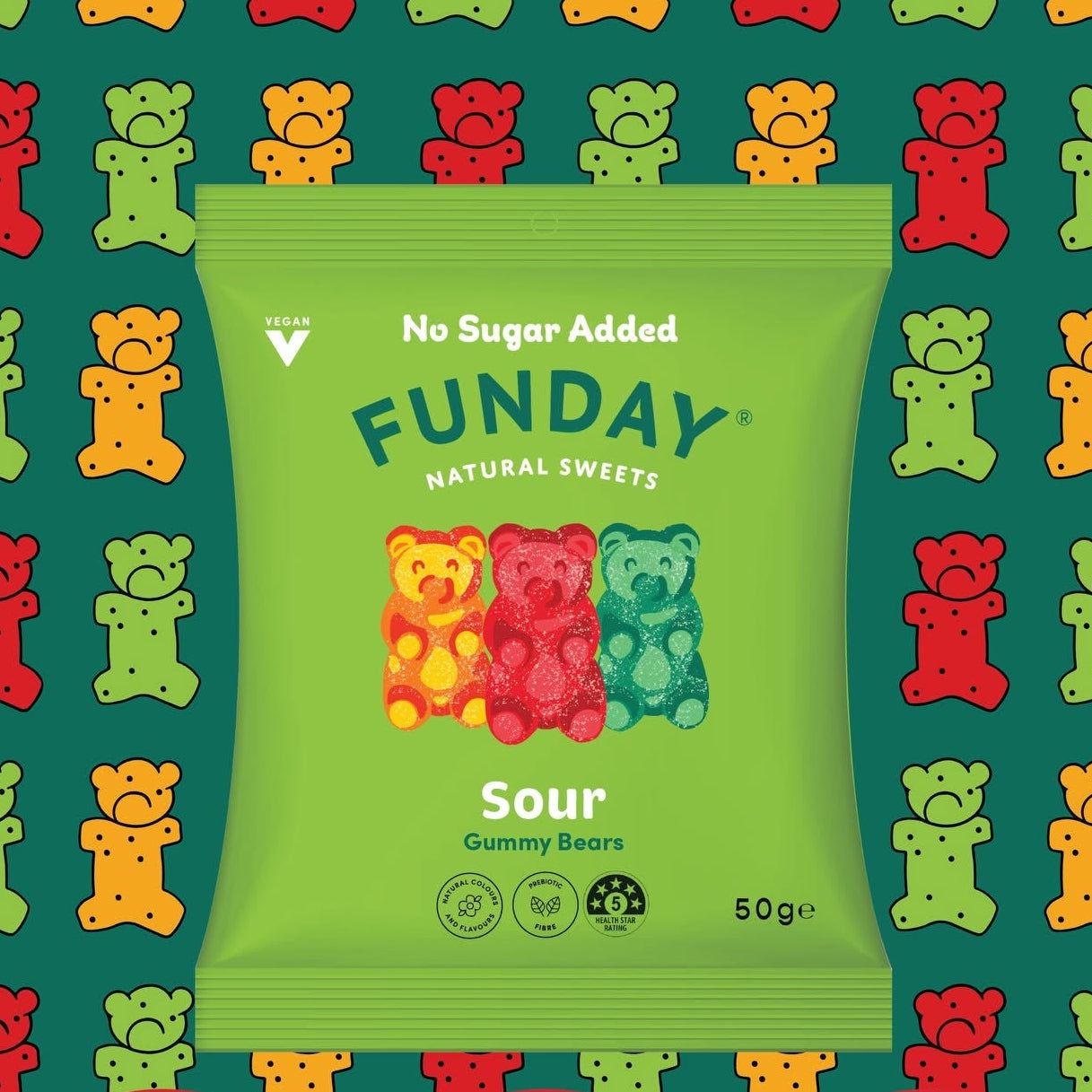 Load image into Gallery viewer, A bag of Funday Sour Vegan Gummy Bears centred on a dark teal background patterned with colourful gummy bears. The package is light green with the brand name FUNDAY and flavour Sour visible.
