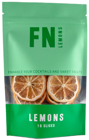 Pouch of F N Lemons with a green background, featuring images of dehydrated lemon slices and the text 'LEMONS' along with '10 slides' and the 'F N' logo.