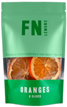Load image into Gallery viewer, Pouch of F N Lemons Orange garnish slices. The bag is green with text and images of oranges.