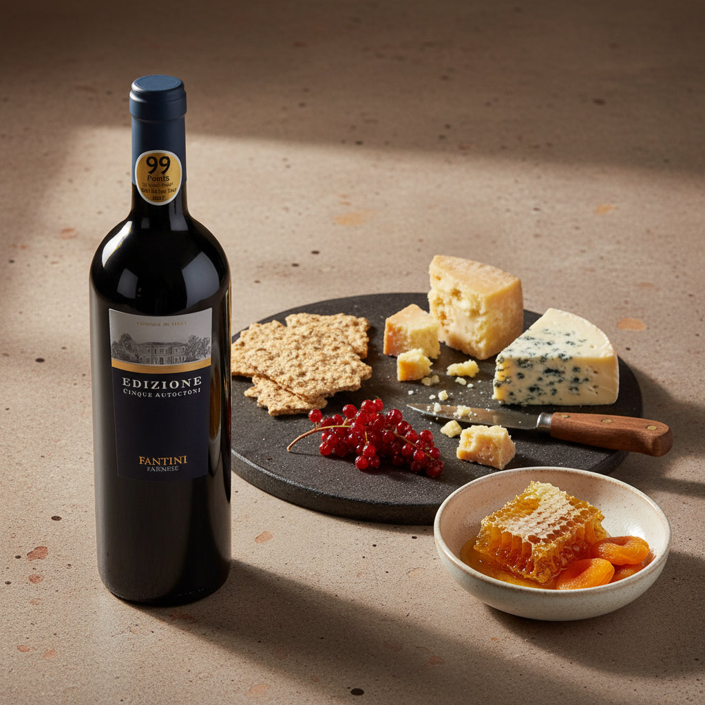 A bottle of Farnese Fantini Edizione Cinque Autoctoni red wine and cheese platter