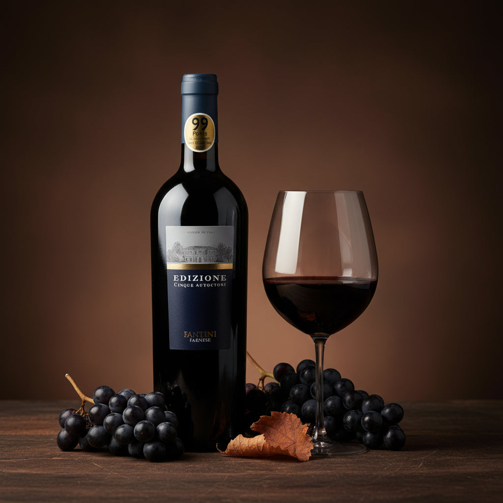A bottle of Farnese Fantini Edizione Cinque Autoctoni red wine next to grapes and galss