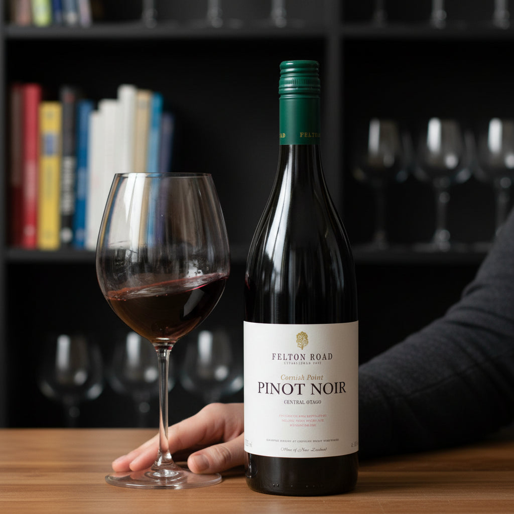 Load image into Gallery viewer, A bottle of Felton Road Cornish Point Pinot Noir red wine stands on a wooden table beside a filled wine glass, with a person's hand and arm visible holding the glass. Shelves with books and wine glasses are blurred in the background.