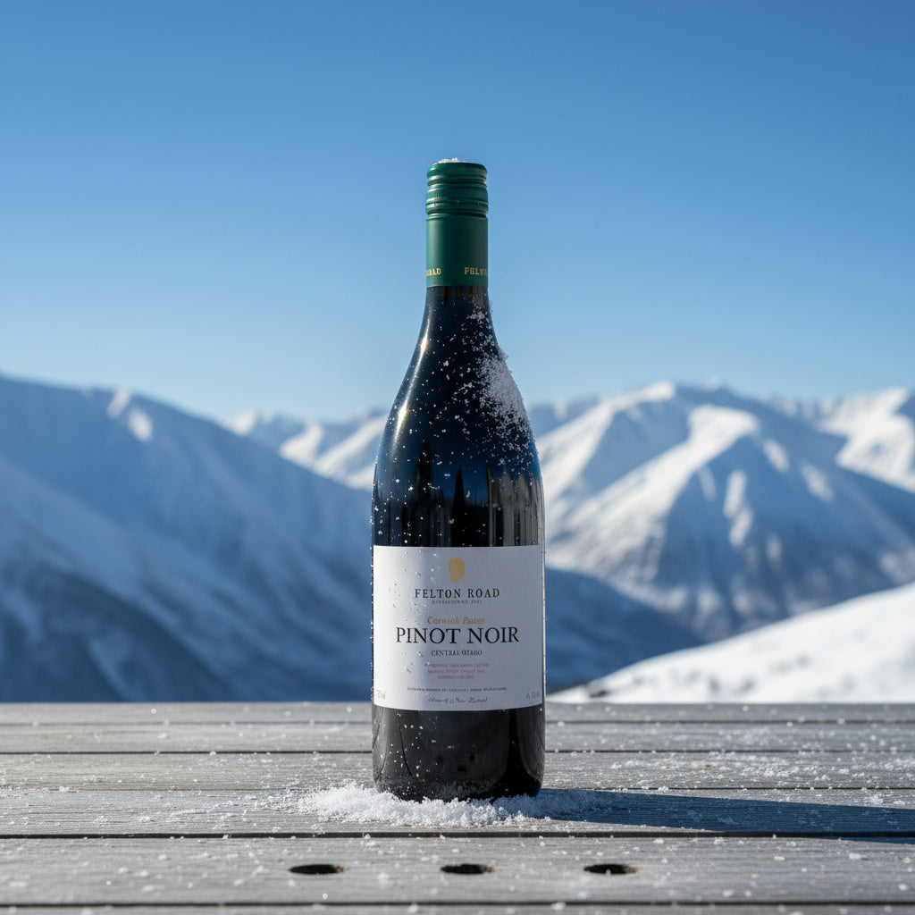 Load image into Gallery viewer, A bottle of Felton Road Cornish Point Pinot Noir red wine stands on a snowy wooden deck with a blurred mountain landscape and blue sky in the background.