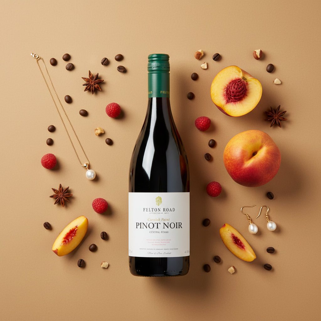 Load image into Gallery viewer, A bottle of Felton Road Cornish Point Pinot Noir red wine is centred in a styled flat-lay on a warm beige background, surrounded by peach halves, raspberries, coffee beans, star anise, and jewellery.
