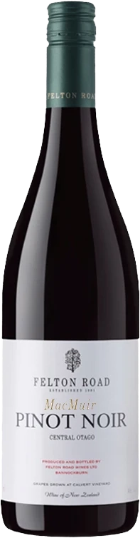 A bottle of Felton Road MacMuir Pinot Noir Central Otago New Zealand red wine, featuring a dark glass bottle with a white label and a dark green neck foil.