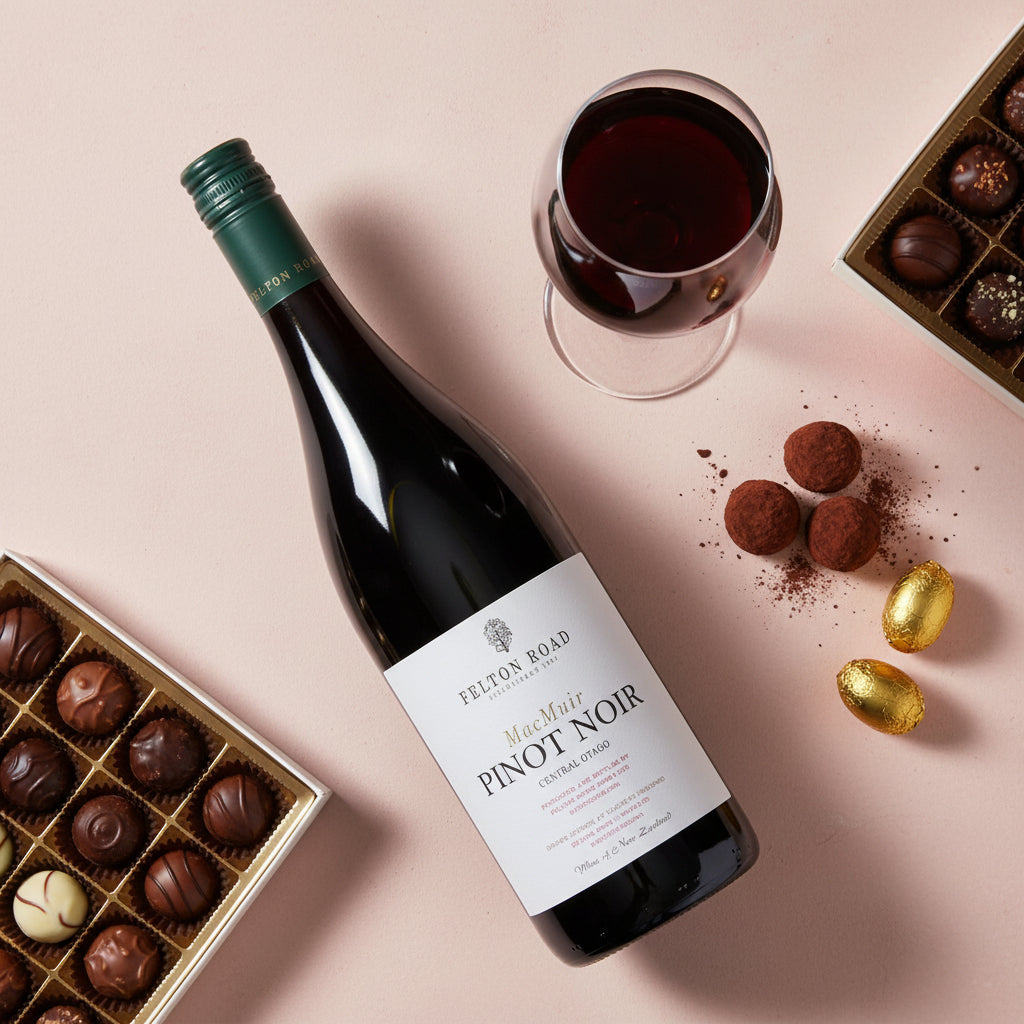 Load image into Gallery viewer, A bottle of Felton Road MacMuir Pinot Noir red wine is arranged on a dusty pink background with a glass of red wine, chocolate boxes, and chocolate pieces.