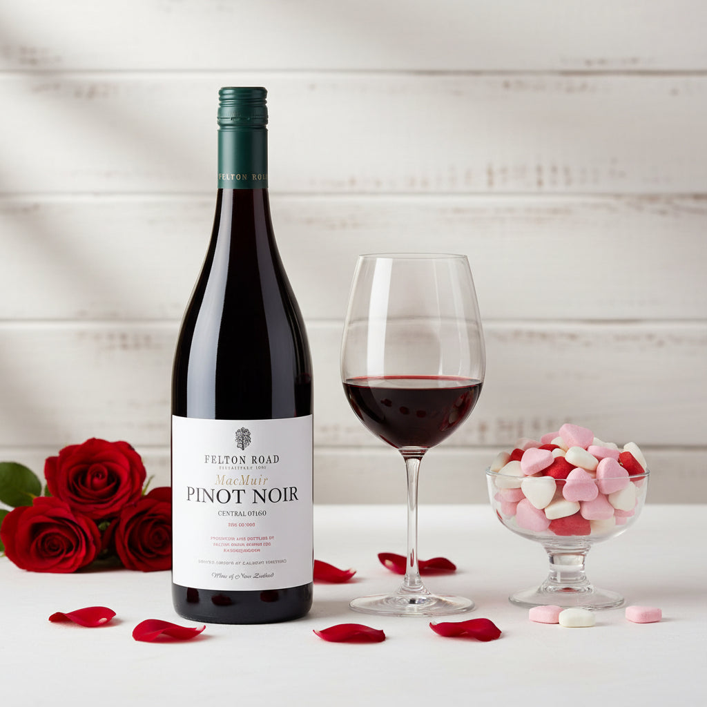 Load image into Gallery viewer, A bottle of Felton Road MacMuir Pinot Noir red wine stands next to a filled wine glass, with red roses, scattered rose petals, and a small bowl of pink and white heart-shaped candies on a white surface against a light wood plank background.