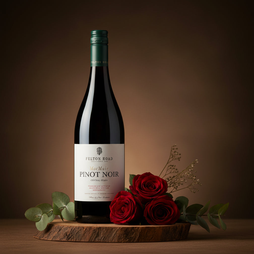 Load image into Gallery viewer, A bottle of Felton Road MacMuir Pinot Noir Central Coast red wine stands on a wooden slice with three red roses and green eucalyptus leaves against a dark brown studio background.