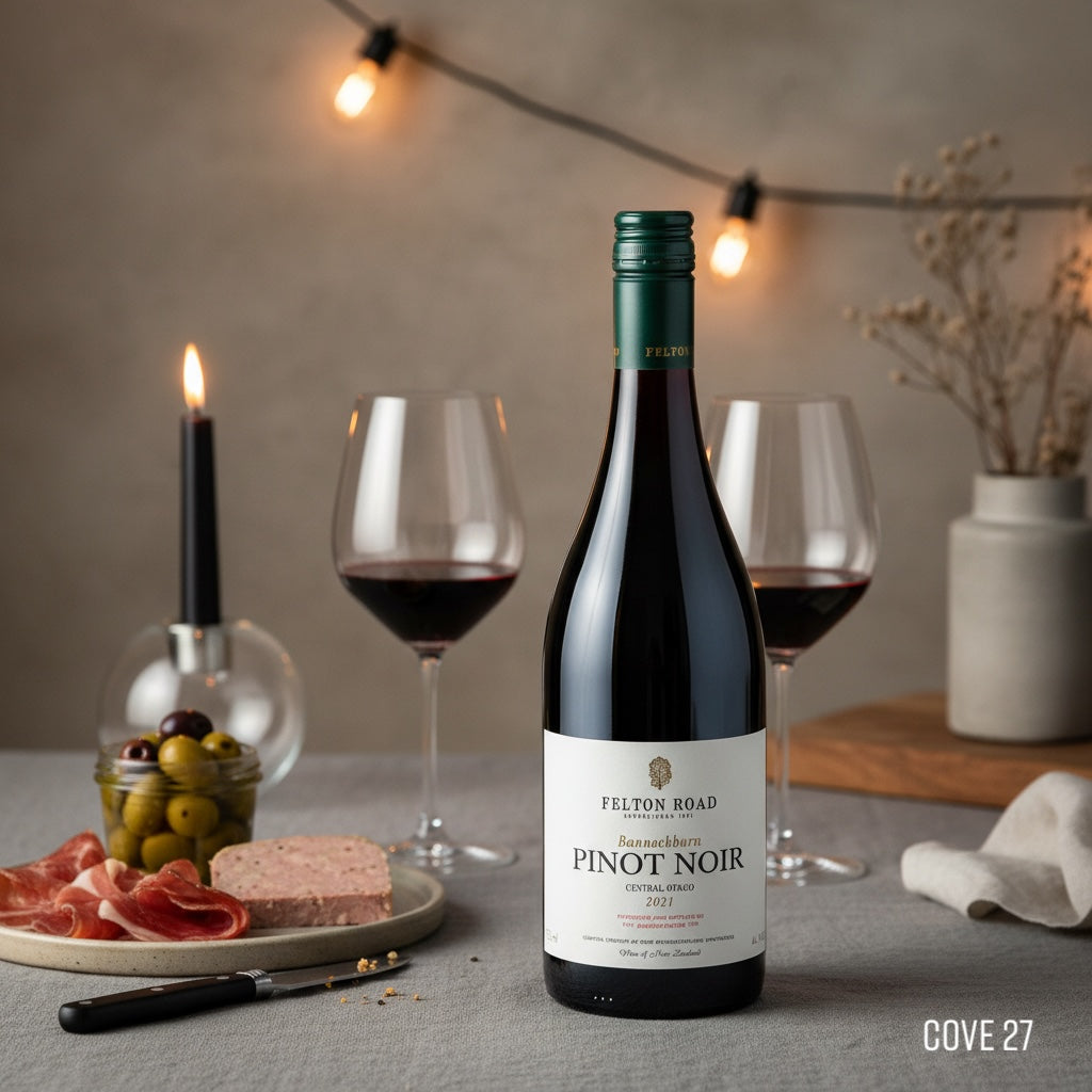 Load image into Gallery viewer, Bottle of Felton Road Pinot Noir with two glasses of wine and a charcuterie board on a table.