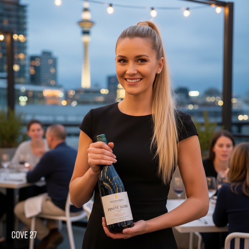 Load image into Gallery viewer, Woman holding a bottle of Felton Road Bannockburn Pinot Noir wine on a rooftop with cityscape background