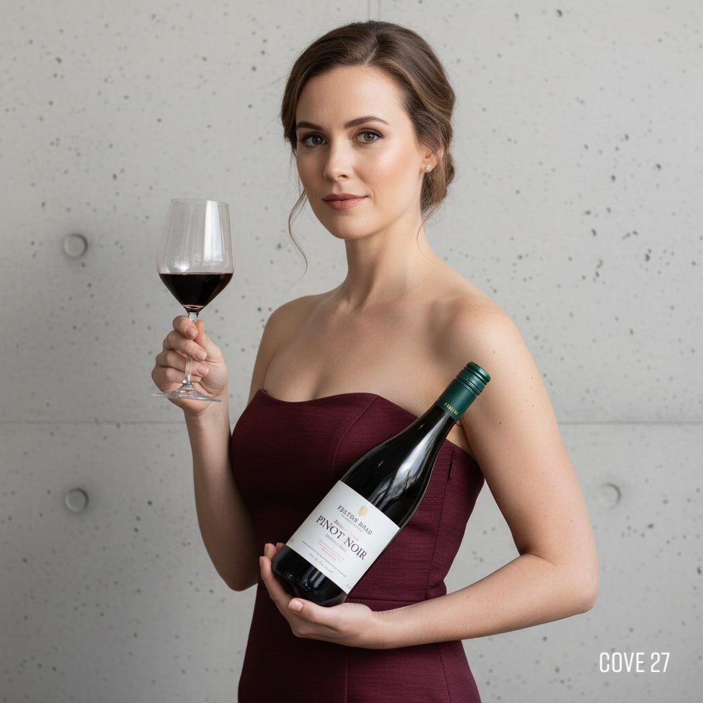 Load image into Gallery viewer, Woman holding a bottle and glass of Felton Road Bannockburn Pinot Noir red wine against a grey concrete wall