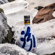 Load image into Gallery viewer, Bottle with blue and white design in a snowy landscape