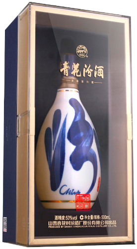 An image of a bottle of Fenjiu Qinghua Blue & White 30YO Baijiu 500ml 53% abv inside its stunning gift box