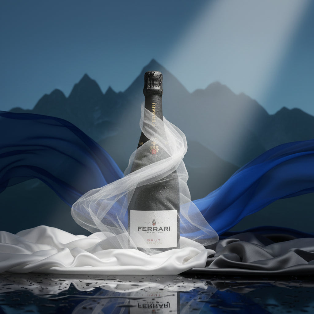 Load image into Gallery viewer, Ferrari Trento Brut Metodo Classico sparkling wine bottle with white fabric draped over it against a mountainous background