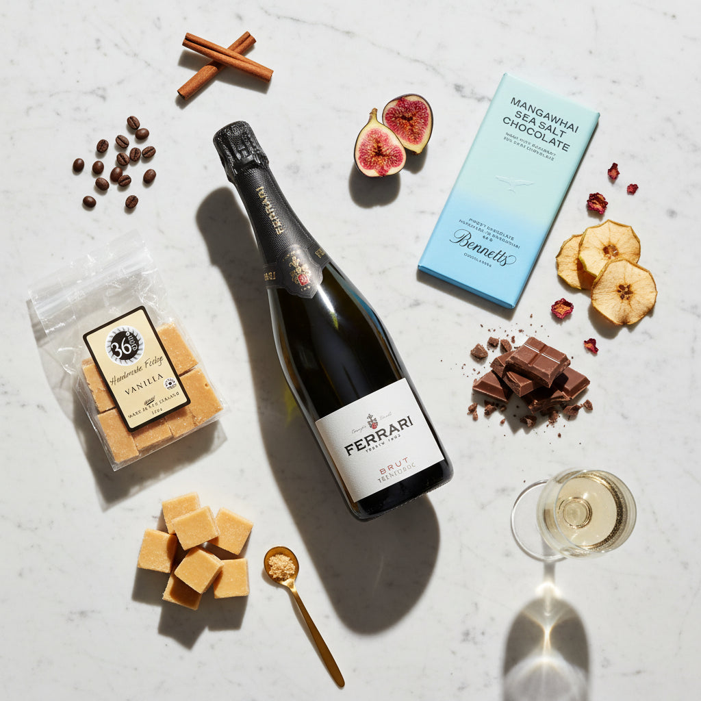 Load image into Gallery viewer, A styled flat-lay featuring a bottle of Ferrari Trento Brut Metodo Classico in the center, surrounded by gourmet ingredients and treats on a white marble surface: a packet of 36 Degrees vanilla fudge, a Bennett’s Mangawhai Sea Salt chocolate bar, chocolate pieces and vanilla fudge pieces