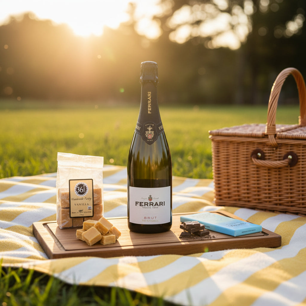 Load image into Gallery viewer, A picnic setup outdoors in a grassy park at sunset, featuring a bottle of Ferrari Trento Brut Metodo Classico in the centre, surrounded by gourmet ingredients and treats on a on a wooden board: a packet of 36 Degrees vanilla fudge, a Bennett’s Mangawhai Sea Salt chocolate bar, chocolate pieces and vanilla cubes bya wicker picnic basket on a yellow-and-white striped blanket.