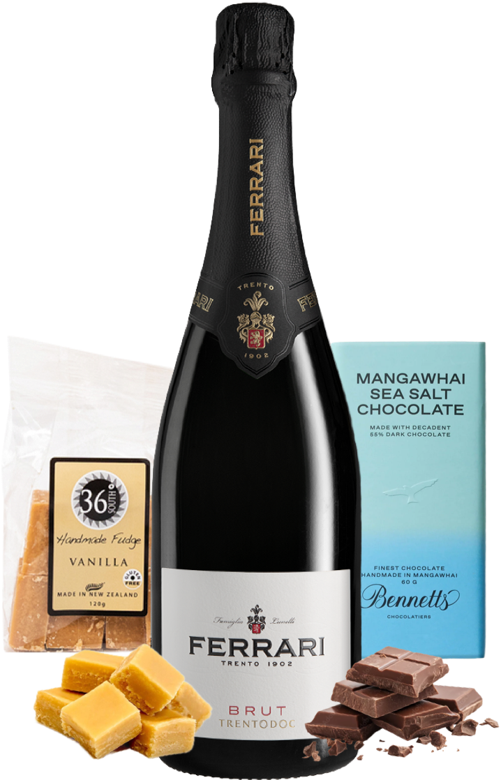 Load image into Gallery viewer, A bottle of Ferrari Trento Brut Metodo Classico sparkling wine, surrounded by a packet of 36 Degrees vanilla fudge, a Bennett’s Mangawhai Sea Salt chocolate bar centred on a white background.