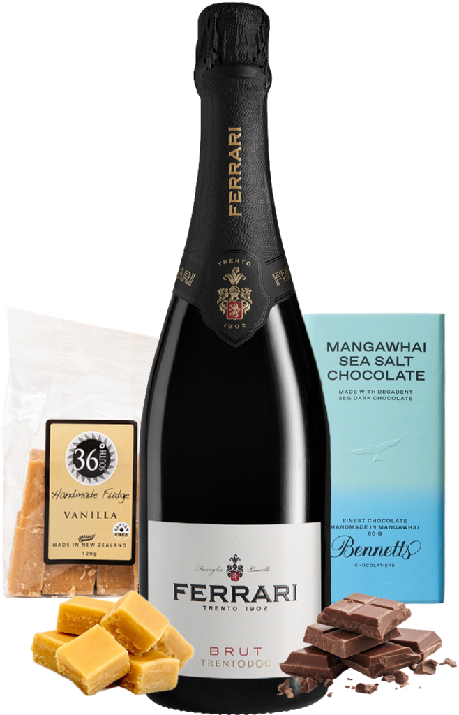 A bottle of Ferrari Trento Brut Metodo Classico sparkling wine, surrounded by a packet of 36 Degrees vanilla fudge, a Bennett’s Mangawhai Sea Salt chocolate bar centred on a white background.